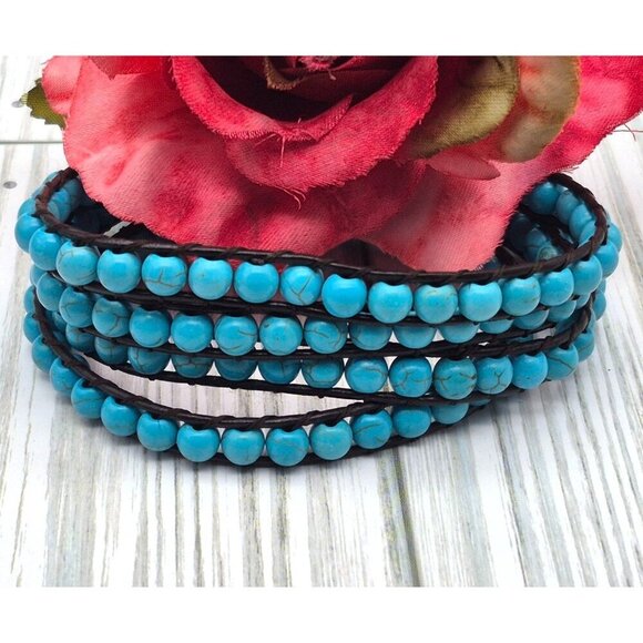 Victoria Emerson Blue Turquoise Stone Beads Brown Leather Cord Wrap Bracelet 36" - Picture 7 of 11